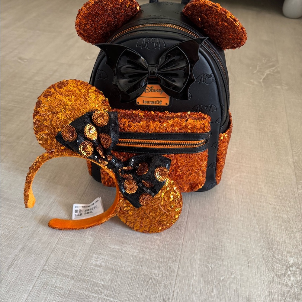 Loungefly Disney Minnie Mouse Halloween Bat Sequin Mini Backpack and ears set